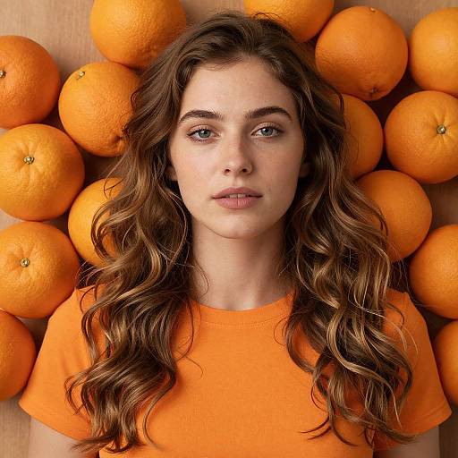 Woman with Oranges in Orange Shirt