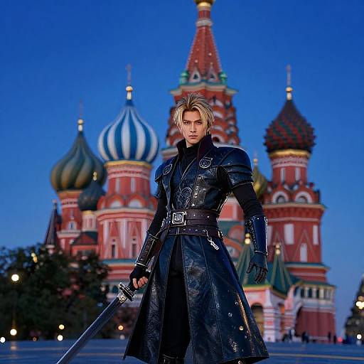 Photograph of a blonde, serious-looking man with a sword, wearing a black leather coat, standing in front of the illuminated, iconic red and gold