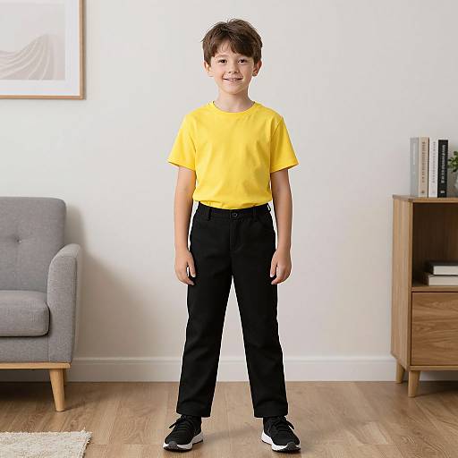 Photograph of a smiling young boy with short brown hair, wearing a yellow t-shirt, black pants, and black sneakers, standing in a modern living
