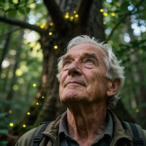 Photograph of an elderly man with white hair and weathered skin, looking upward in a forest, illuminated by yellow fairy lights.