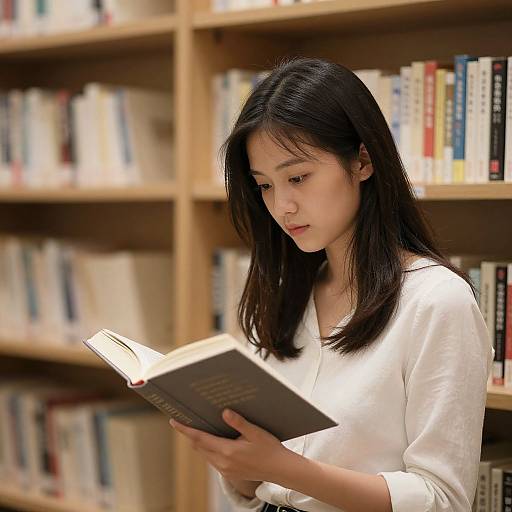 Photograph of an Asian woman with straight black hair, wearing a white blouse, reading a book in a well-lit library with wooden bookshelves