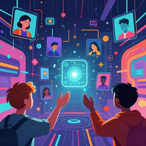 Digital illustration of two men interacting with a futuristic, neon-lit interface displaying profiles of various people, surrounded by vibrant, colorful holographic elements.