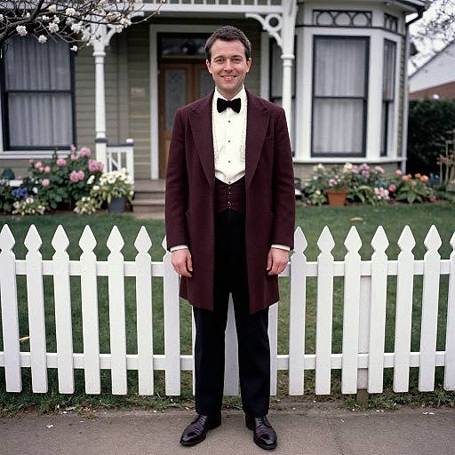 Photograph of a smiling man in a dark brown morning coat, black bow tie, white shirt, black trousers, standing in front of a white pick