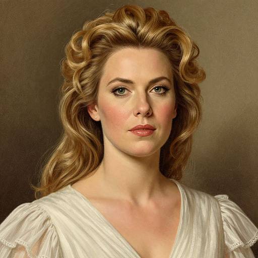Digital portrait of a fair-skinned woman with wavy, golden-brown hair, wearing a white, V-neck, lace-trimmed blouse,