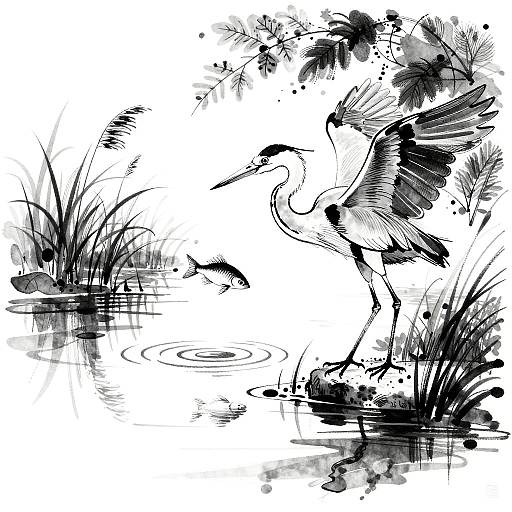 Minimalist Heron Ink Swirl Art