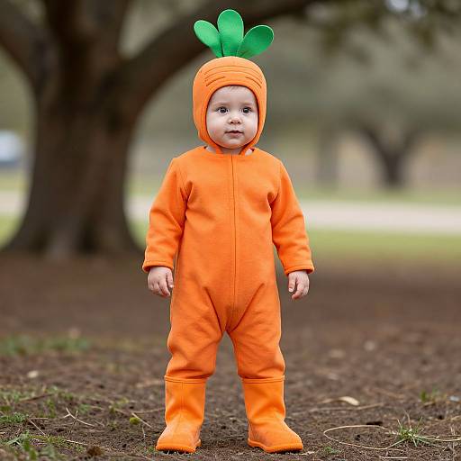 Photograph of a baby in an orange carrot costume with green leaf ears, standing outdoors on dirt, blurred trees in background.