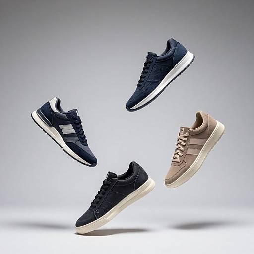 Photograph of three sneakers mid-air: two navy with white stripes, one beige, all with white soles, against a gradient gray background.