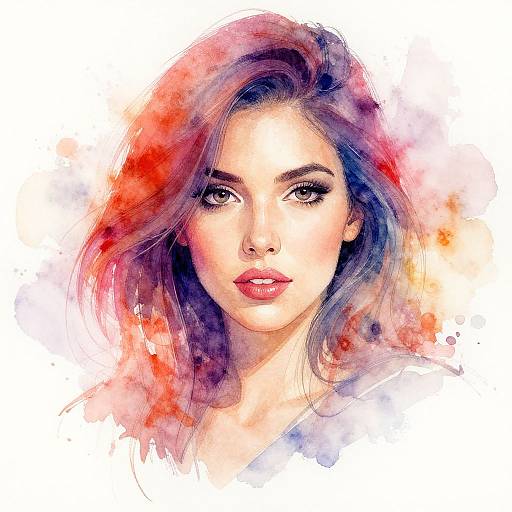 Watercolor portrait of a beautiful woman with long, wavy hair blending purple, red, and orange hues, striking gaze, and pink lips.