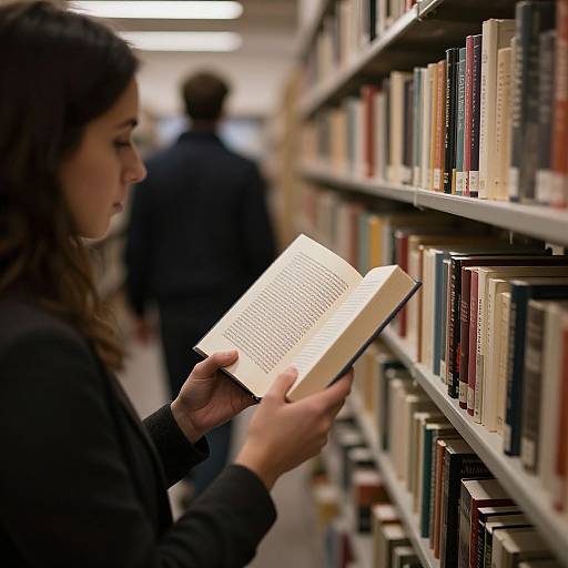 Photograph of a woman with dark hair, wearing a black sweater, reading a book in a library aisle, with blurred bookshelves and another person