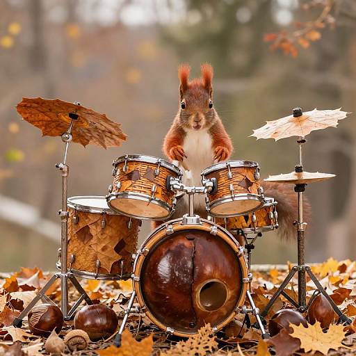 Photograph of a red squirrel standing on a drum set in an autumn forest, surrounded by fallen leaves and acorns.