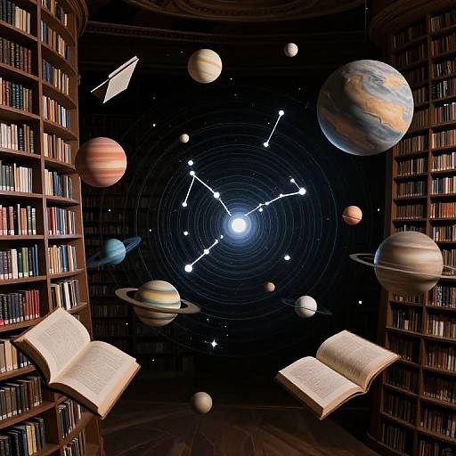 Photograph-like digital art: Open books floating in a library, surrounded by planets and a starry galaxy with constellation lines.