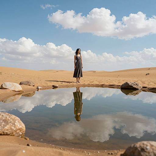 Photograph of a woman in a black dress standing by a reflective desert puddle, with sandy dunes and fluffy white clouds in the bright blue sky