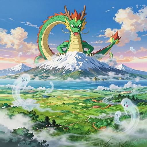 Digital art of a vibrant green dragon with red and yellow accents, emerging from a snowy mountain, with ghost-like spirits and a colorful, cloudy sky over