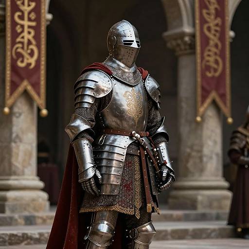 Photorealistic CGI of a medieval knight in shiny silver armor with a red cape, standing in a grand, stone-columned hall.