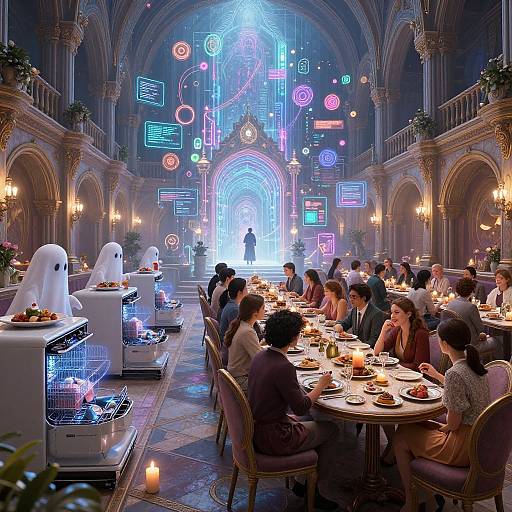 Photorealistic digital artwork of a futuristic, neon-lit, Gothic dining hall with ghostly figures, glowing menus, and diners enjoying meals.