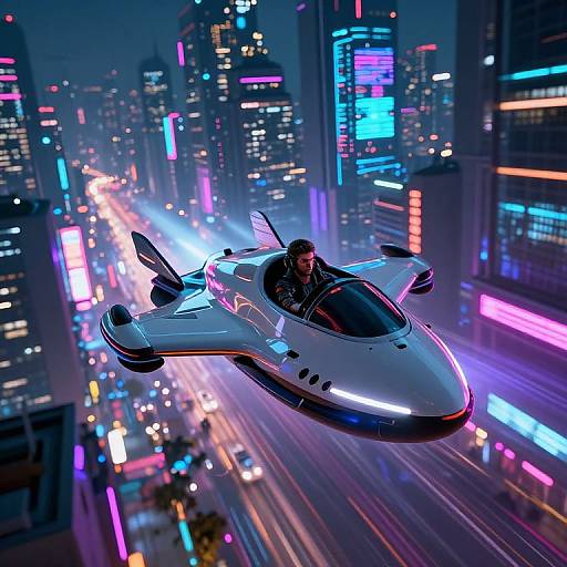 Digital artwork of a futuristic white flying car with a man inside, soaring above a vibrant, neon-lit, cyberpunk cityscape.