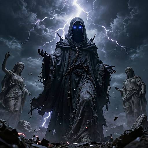 Digital art: Dark, hooded figure with glowing blue eyes stands amid lightning, surrounded by shattered statues and a stormy sky.