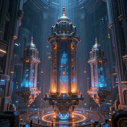 Digital art of a futuristic, sci-fi cathedral with three towering, glowing blue and orange cylindrical structures, illuminated by internal lights.