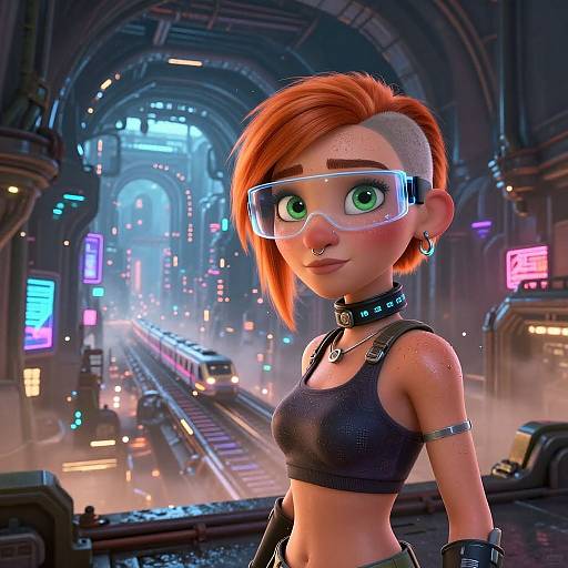 CGI image of a punk-style, red-haired, green-eyed girl with a shaved side, wearing goggles, black crop top, and collar, in