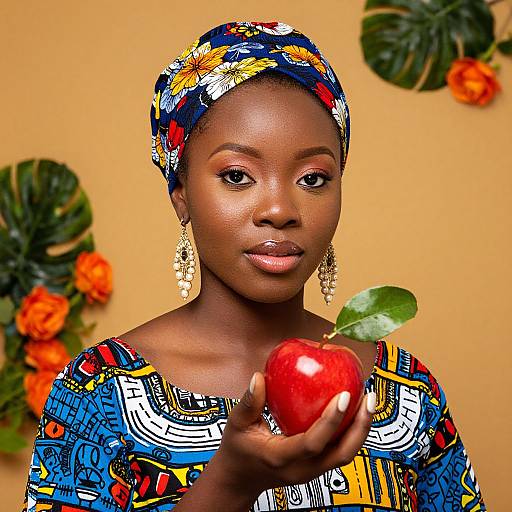 Photograph of a dark-skinned African woman with floral headwrap, colorful patterned dress, gold earrings, holding a shiny red apple, orange-yellow
