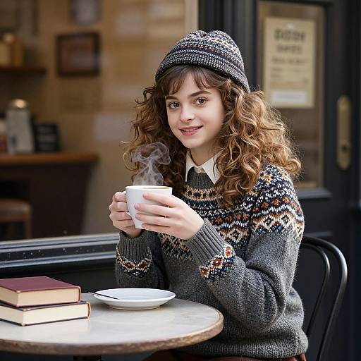 Photograph of a smiling young woman with curly brown hair, wearing a knitted gray sweater and black hat, sipping a steaming cup of coffee
