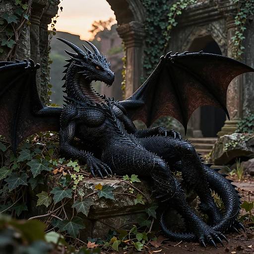 Photorealistic digital art of a black dragon with spiked scales and red-veined wings lounging in an overgrown, ancient ruin at sunset.