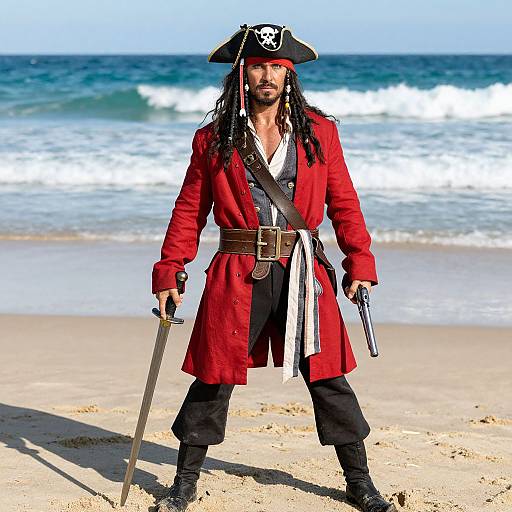 Photograph of a pirate standing on a beach, wearing a red coat, black pants, white shirt, tricorn hat with skull emblem, holding sword