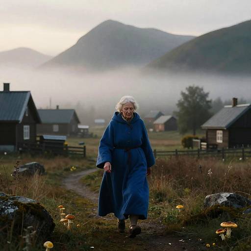 Elderly Woman in Foggy Mountain Village