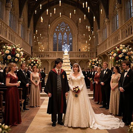 Photograph of a bride in a white lace gown and groom in a black suit walking down a candlelit church aisle.