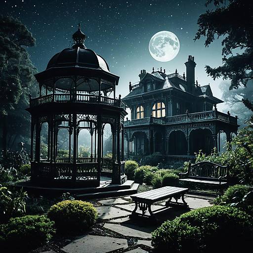 Victorian Mansion Garden Under Full Moon