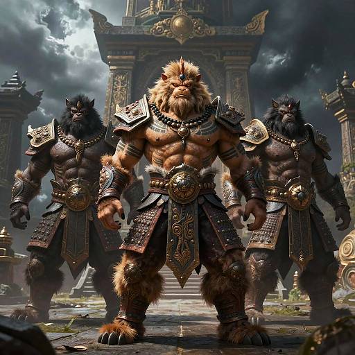 Digital artwork of three muscular, furry, armored werewolves standing in front of an ancient, ornate temple with dark, stormy skies.