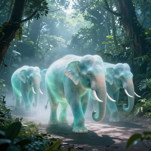 Photorealistic CGI of three glowing, ethereal elephants walking through a misty, sunlit jungle, with dense foliage and beams of light filtering through