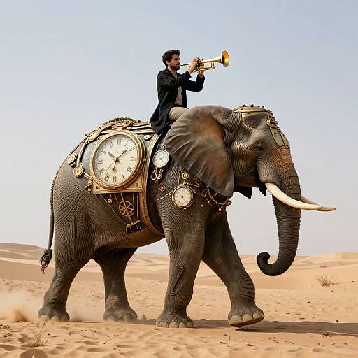 Photograph of a man in a black suit playing a trumpet from atop a decorated, clock-adorned elephant in a desert.
