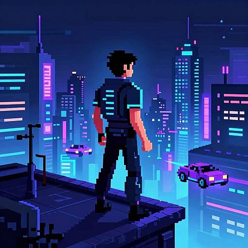 Pixelated Cyberpunk Rooftop Scene