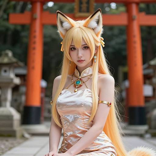 Photograph of an anime-style woman with long blonde hair, fox ears, silver dress, and turquoise necklace, standing in front of a bright orange tor