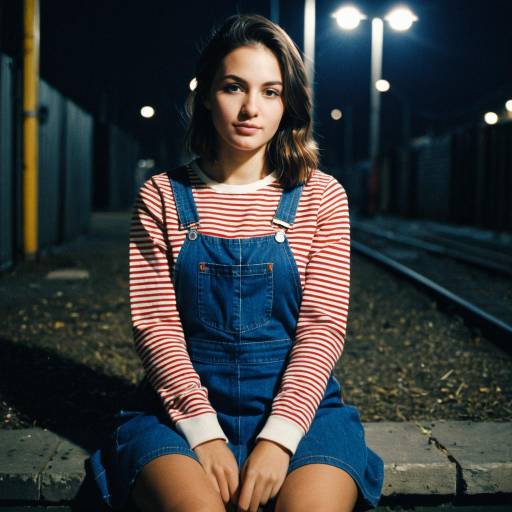 Young Woman Sitting by Train Tracks at Night