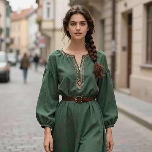 Young Woman in Green Medieval-Style Dress on Urban Street