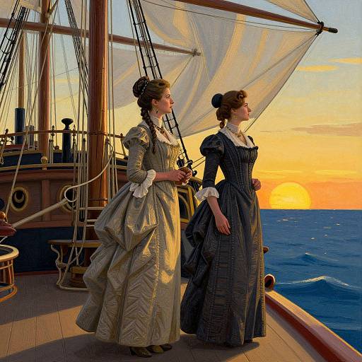 Two Victorian women in ornate dresses stand on a ship's deck at sunset, gazing at the ocean. Digital painting.