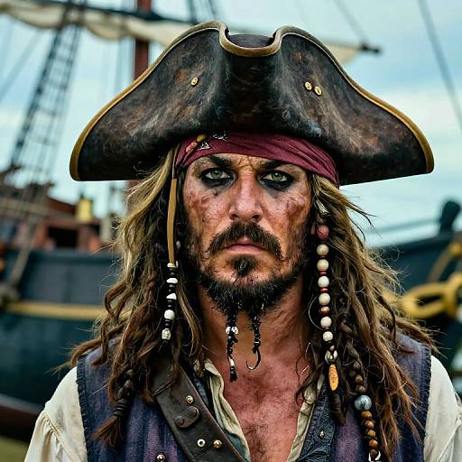 Photograph of a rugged, bearded pirate with long brown hair, wearing a large black tricorn hat, red bandana, and detailed vest,