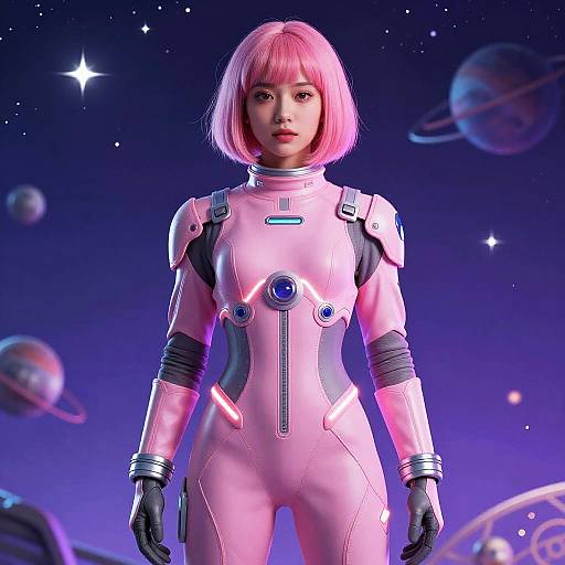 Confident Pink-Haired Girl in Futuristic Space Suit
