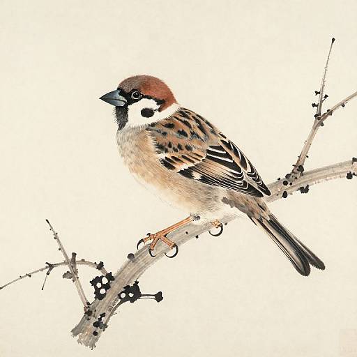 Chinese Ink Painting of Sparrow on Branch