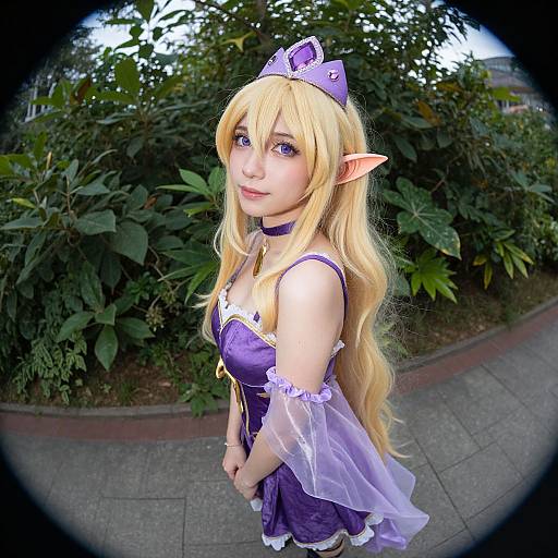 Photograph of a blonde, fair-skinned woman in purple elf cosplay with pointed ears, long hair, and a translucent sleeve, standing on a sidewalk
