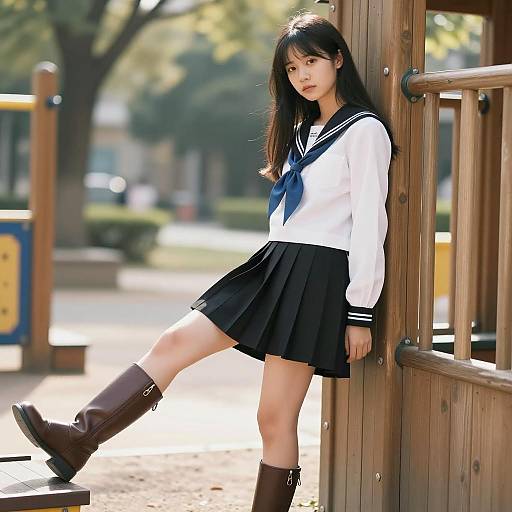 Asian Girl in Sailor Uniform at Playground