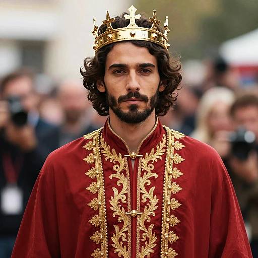 Photograph of a bearded man with wavy dark hair, wearing a gold crown and ornate red robe, standing in a blurred crowd.