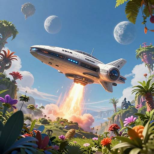 Photorealistic CGI: A sleek, silver spaceship with blue lights blasts off from a vibrant, alien jungle with colorful flowers, lush greenery, and