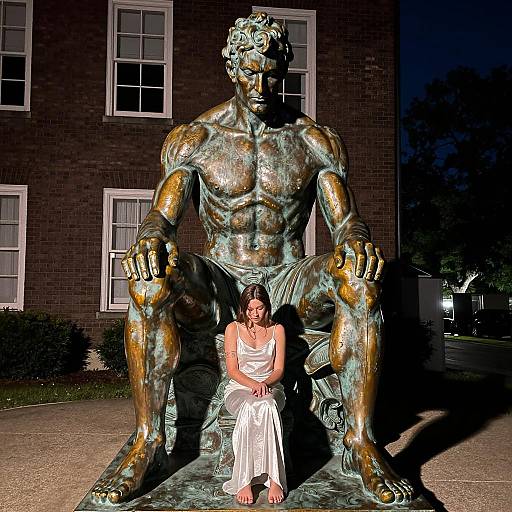 Illuminated Bronze Statue at Night