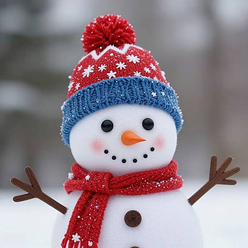Photograph of a cheerful snowman with a red hat, blue band, red scarf, orange nose, and stick arms, against a snowy background.