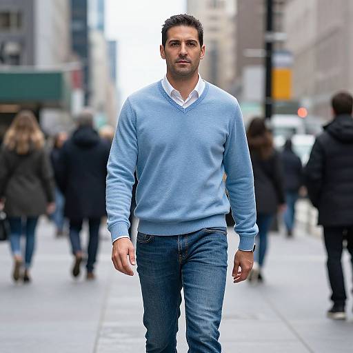 Photograph of a handsome, dark-haired man in a light blue sweater and jeans walking down a busy urban street with blurred pedestrians in the background.
