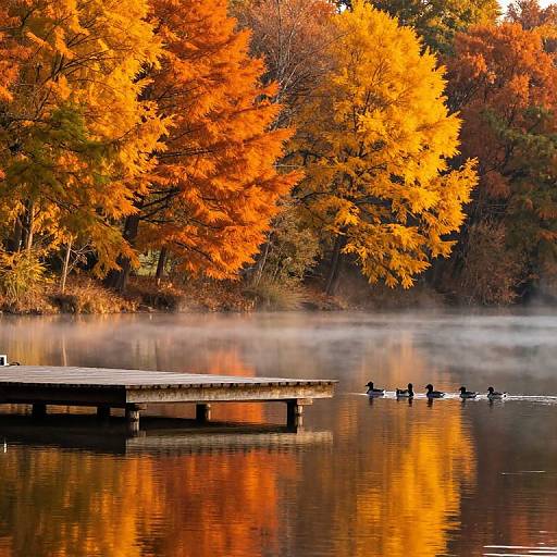 Photograph of a serene lake at dawn with a wooden dock, vibrant orange and yellow autumn leaves, and five ducks floating on mist-covered water.