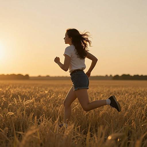 Young Woman Running Through Golden Field